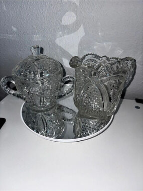 Early American Pressed Glass Vintage Creamer and Covered Sugar Bowl Set